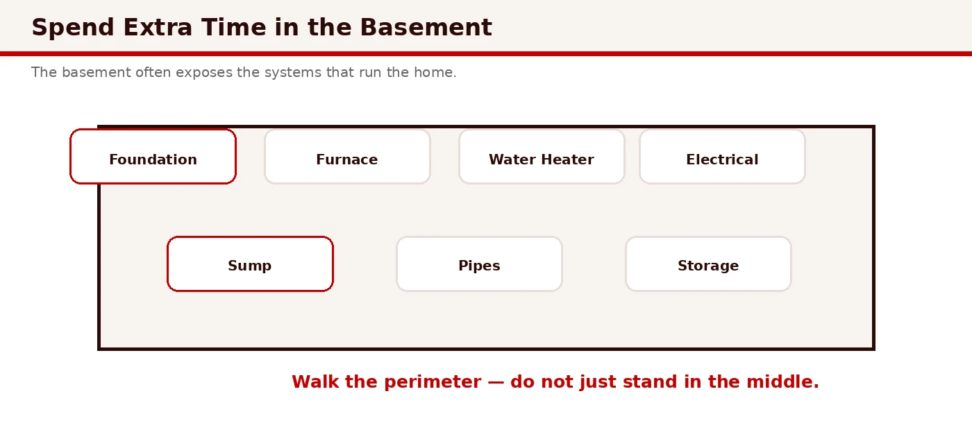 Diagram of basement mechanicals and inspection checkpoints: foundation, sump, furnace, water heater, and framing