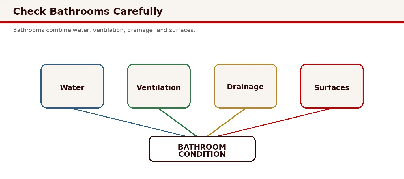 Bathroom inspection checklist: shower tile caulk, toilet base stability, exhaust fan, and vanity plumbing