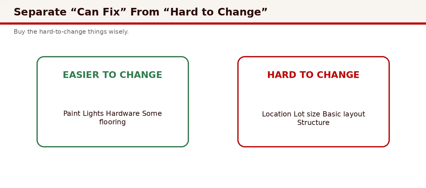 Comparison matrix of easy-to-fix items versus hard-to-change structural and location factors