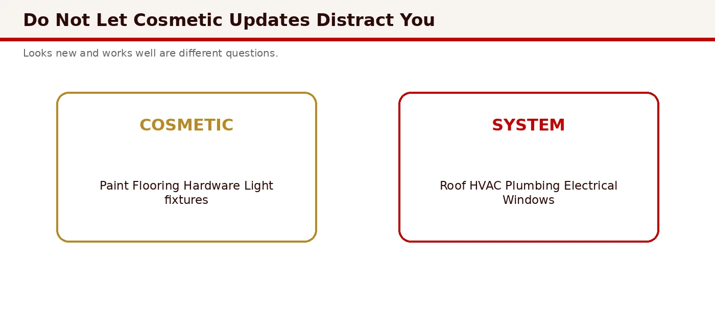 Comparison diagram of cosmetic finishes versus major capital systems: roof, HVAC, plumbing, electrical