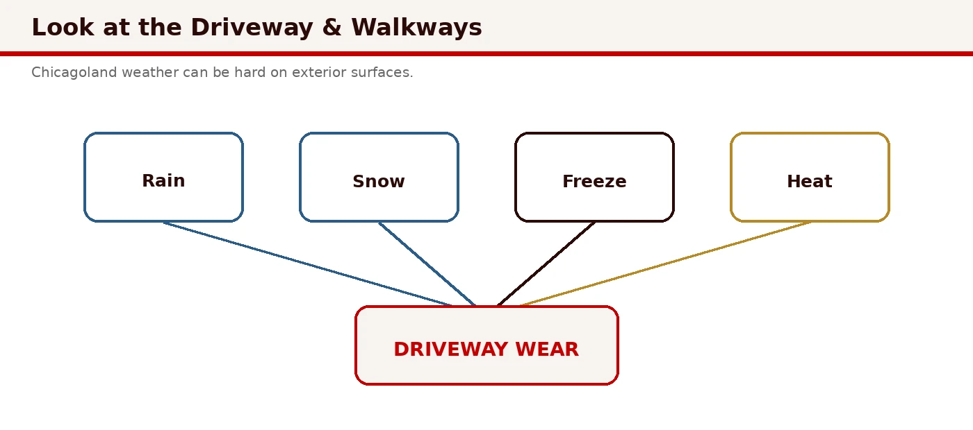 Driveway and walkway evaluation: concrete trip hazards, slope towards garage, and surface spalling