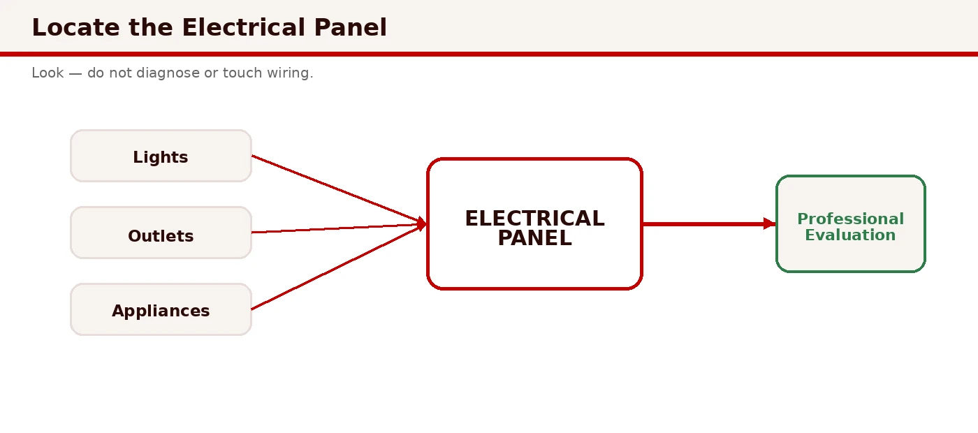 Electrical panel checklist showing breaker labeling, amperage rating check, and strong safety warning