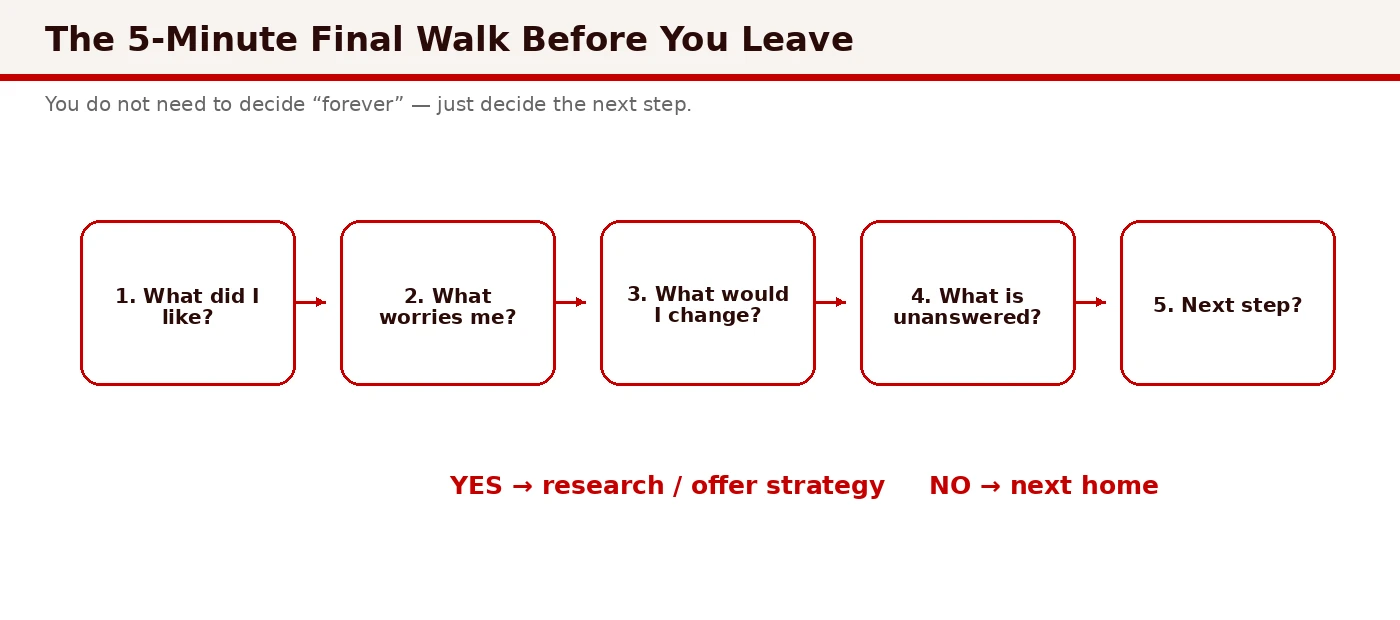 The 5-minute final walk decision workflow: like most, worries, immediate changes, open questions, and next step