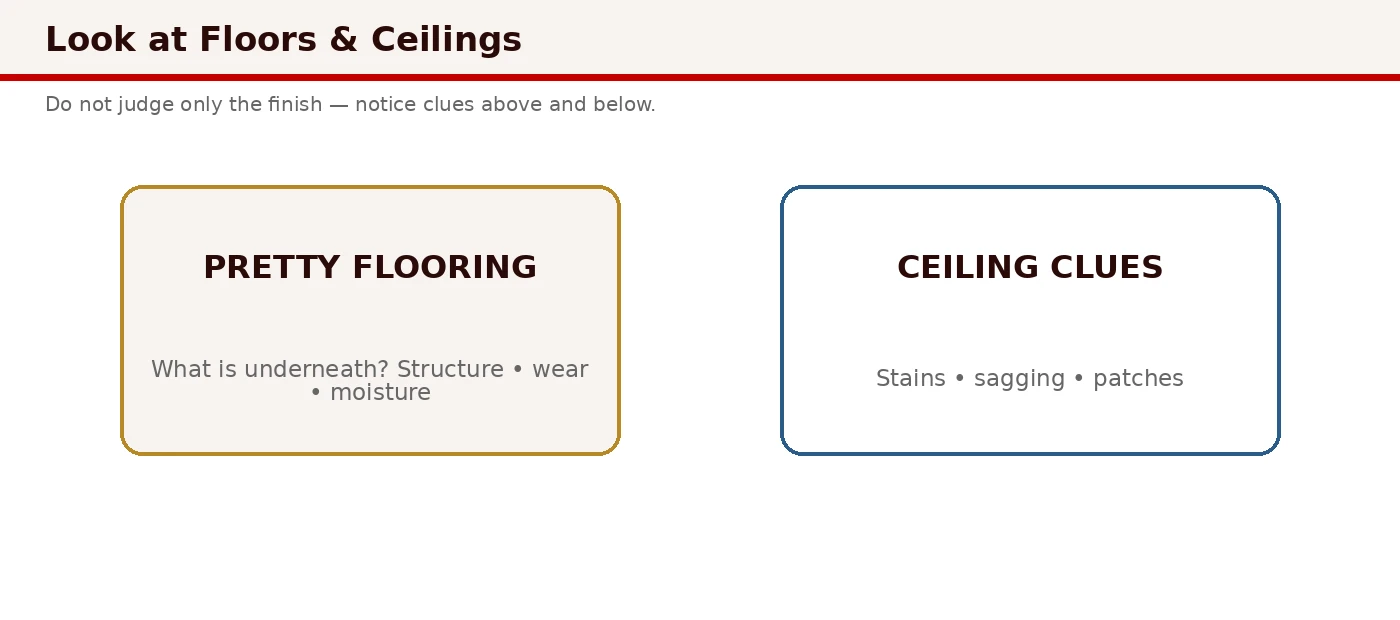Checkpoints for floors and ceilings: sloping, bounce, soft spots, sagging, and ceiling cracks