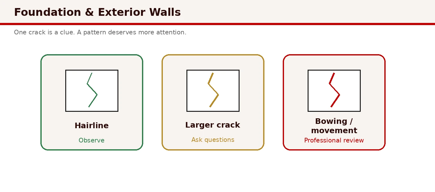 Comparison guide of foundation clues: hairline cracks, stair-step cracks, horizontal cracks, and grading contact