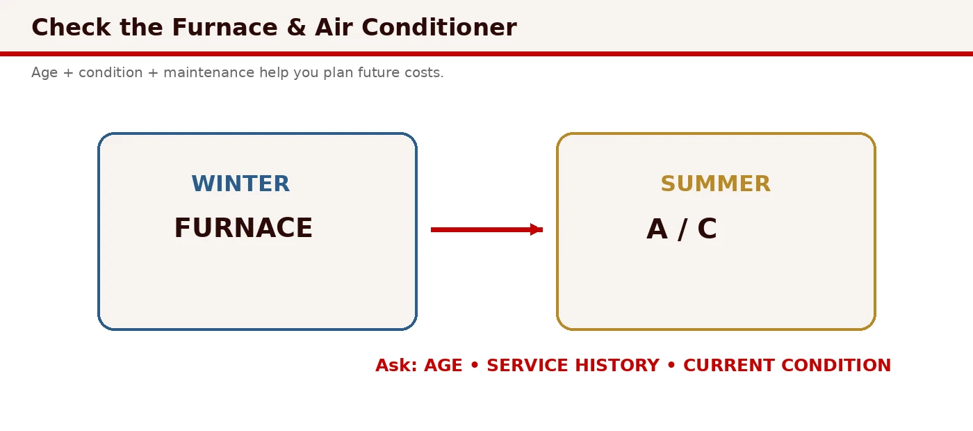 Diagram detailing HVAC checklist: furnace age, service stickers, filter access, and outdoor AC compressor