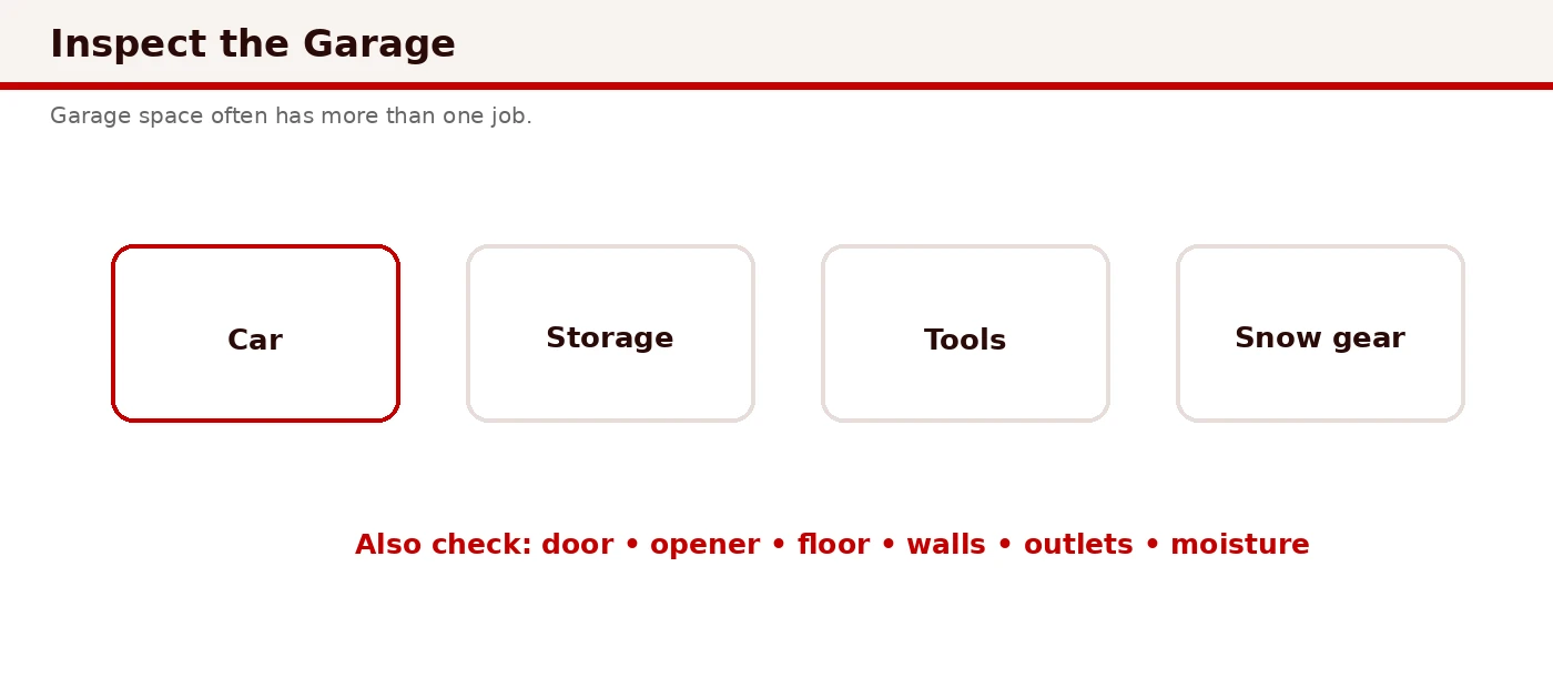 Garage evaluation guide: vehicle width, opener sensors, floor cracks, and overhead storage clearance