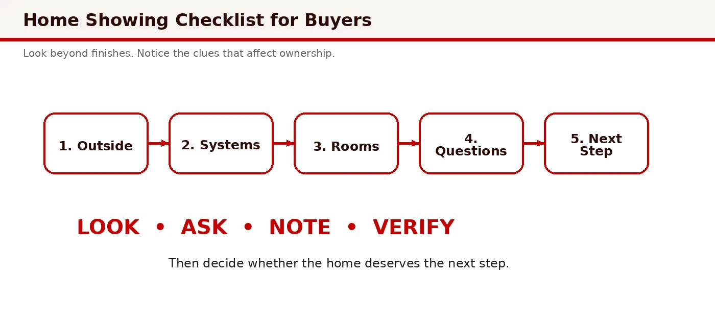 Infographic illustrating what to look for during a home showing: exterior, mechanicals, plumbing, layout, and buyer decision framework