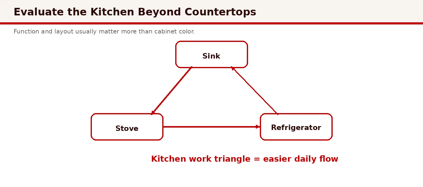 Kitchen showing layout framework: work triangle, prep counter space, pantry storage, and range hood venting