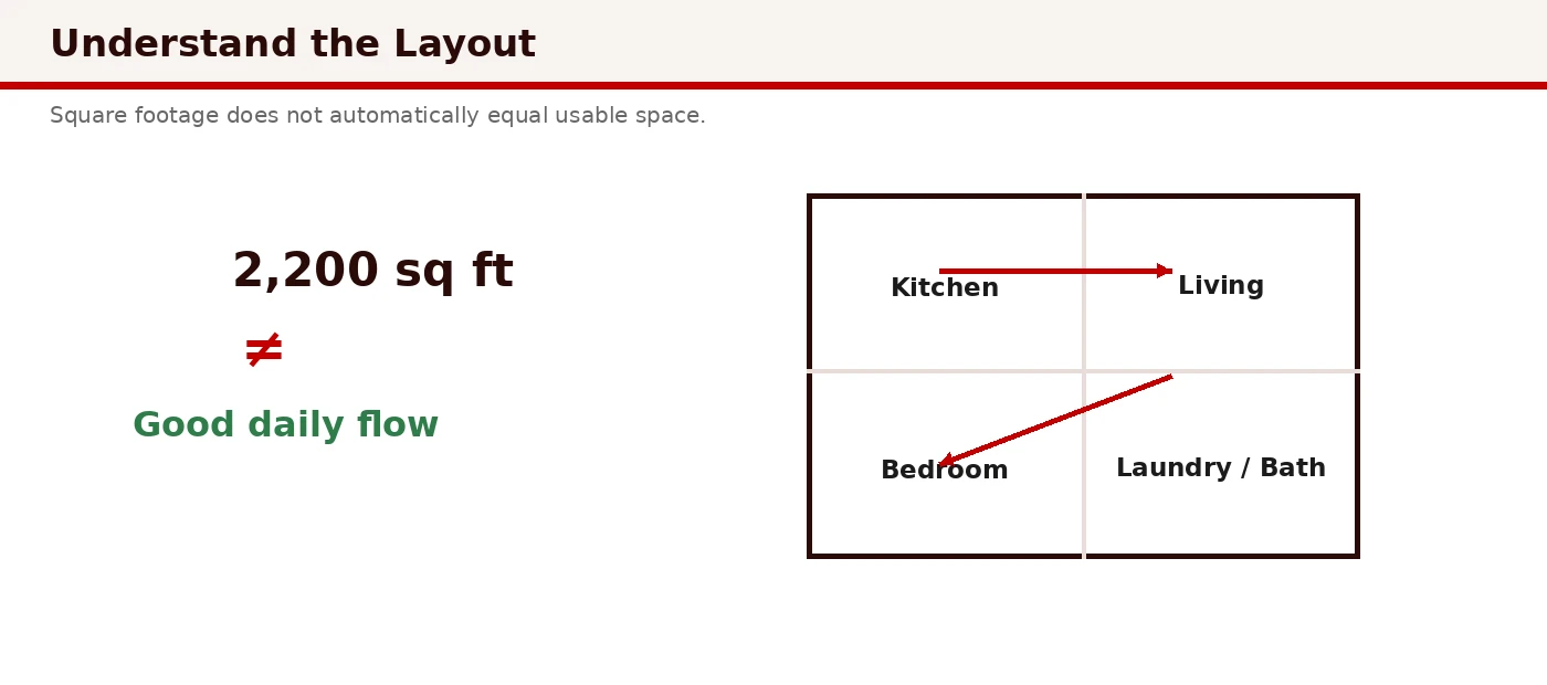 Layout and circulation analysis: bedroom placement, laundry accessibility, mudroom buffer, and guest bath flow