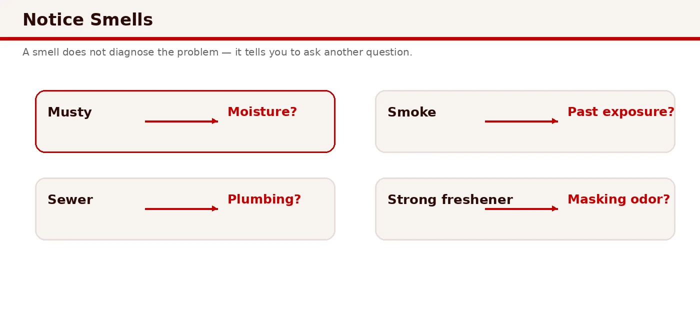 Odors as diagnostic clues: musty moisture, masking air fresheners, sewer gas, and tobacco smoke