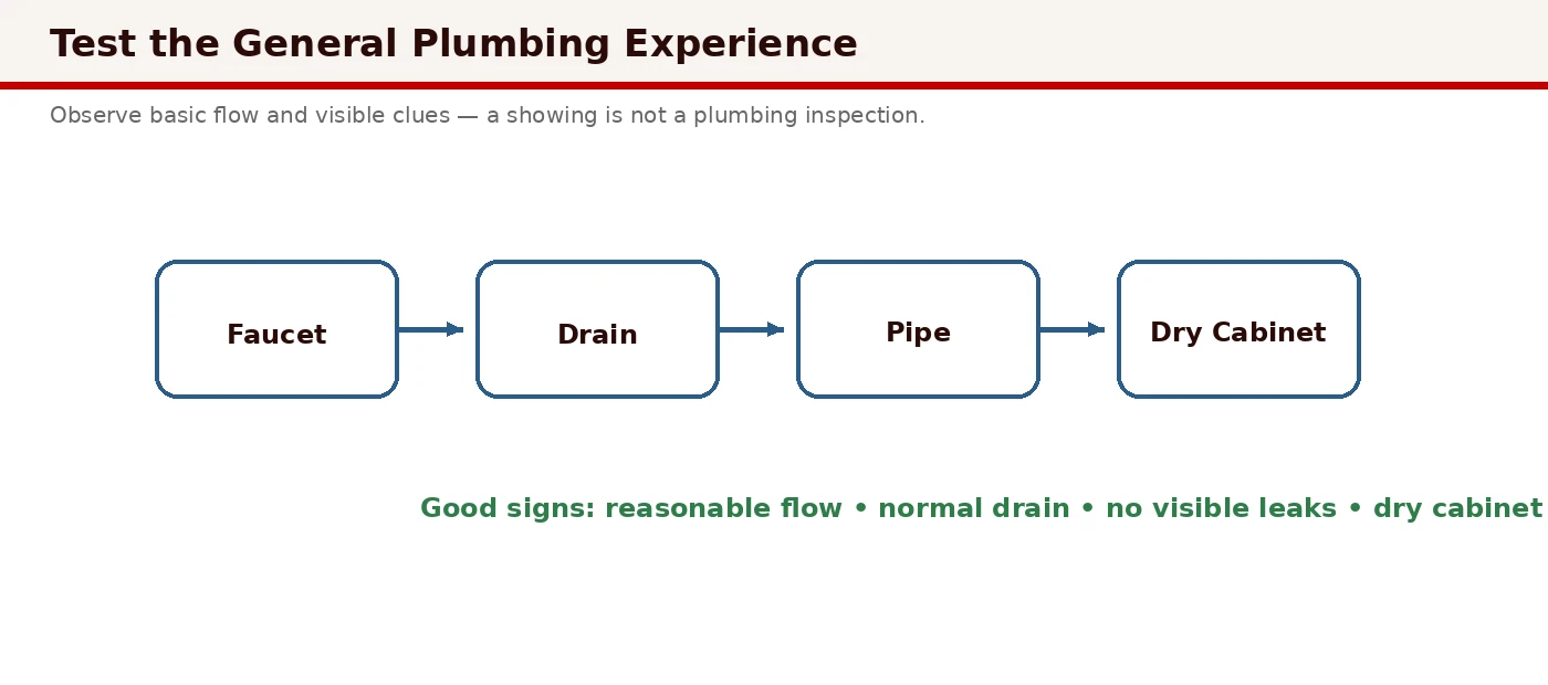 Plumbing showing checkpoints: faucet pressure, drain speed, cabinet dry check, and visible pipe materials
