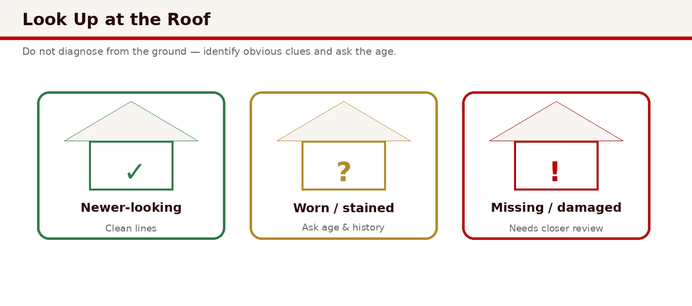Infographic showing visual roof clues: curling shingles, moss, uneven planes, and flashing details