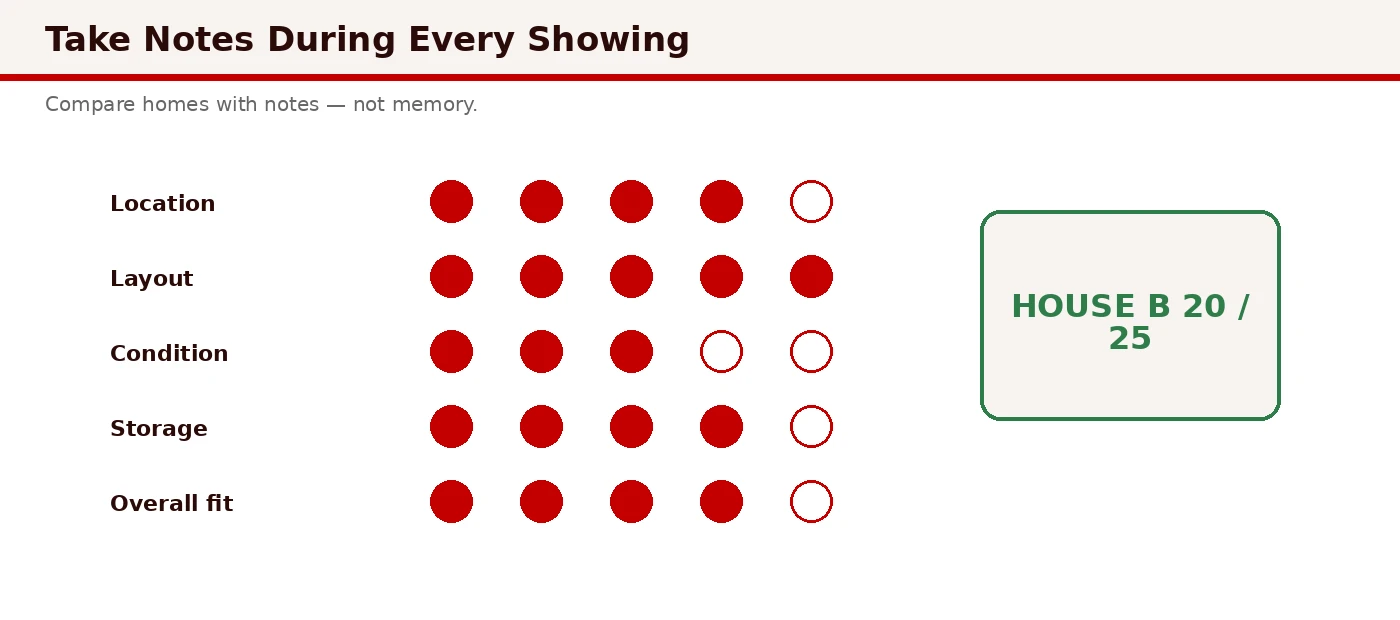 Home showing comparison scorecard scoring location, layout, systems, condition, storage, and monthly cost