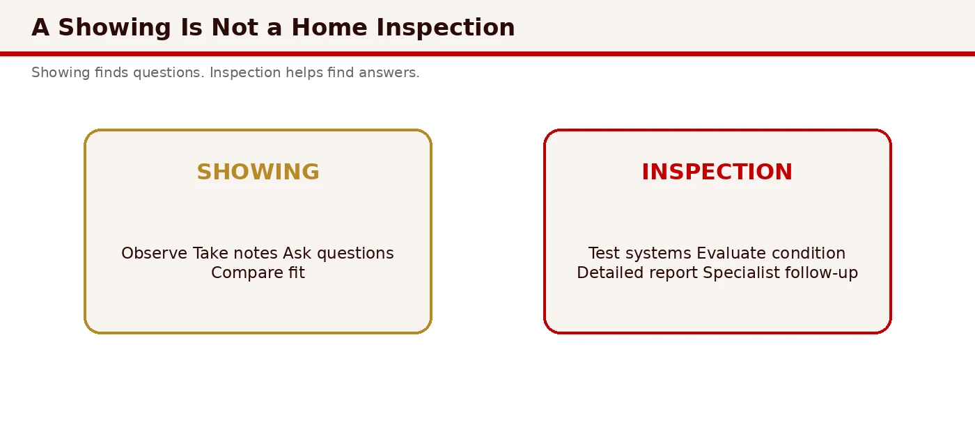 Comparison diagram highlighting showing vs professional home inspection: timing, duration, scope, and objective