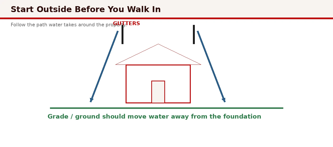 Diagram showing key exterior items to observe before entering a home: roof, gutters, walls, grading, and drainage