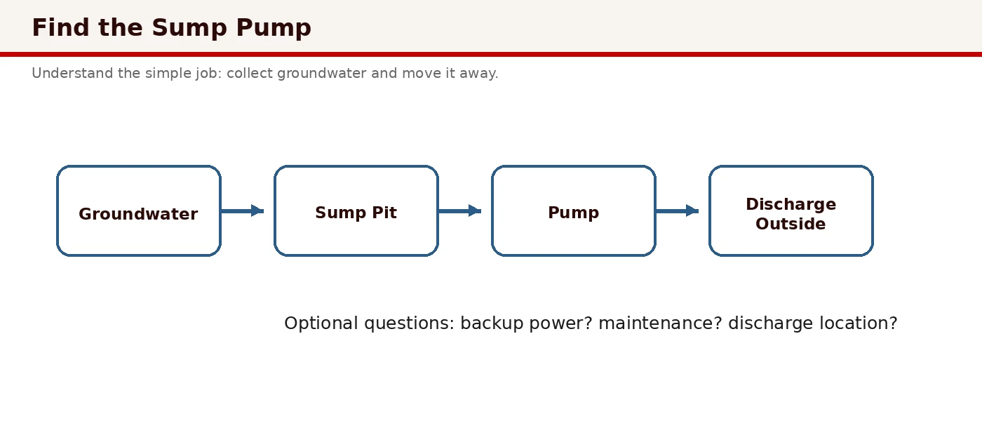 Infographic showing sump pump flow: groundwater to basin, primary pump, backup battery, and exterior discharge