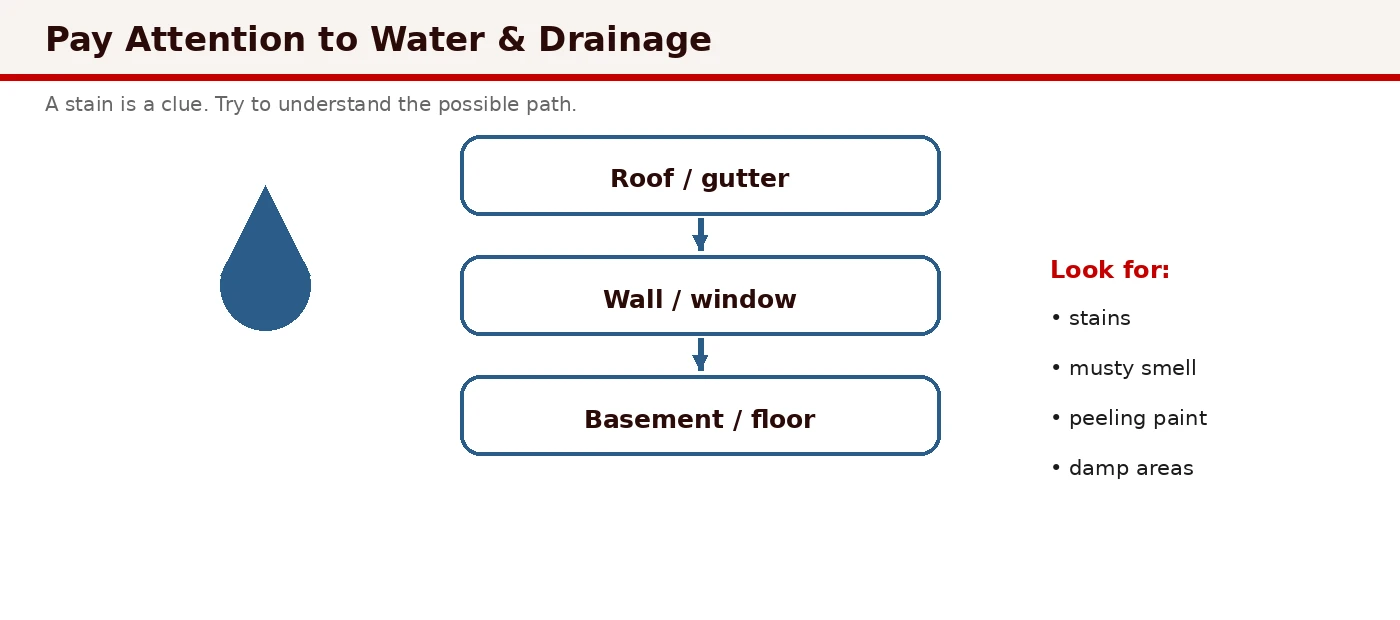 Infographic showing visual water clues: ceiling stains, damp baseboards, efflorescence, and fresh paint patches