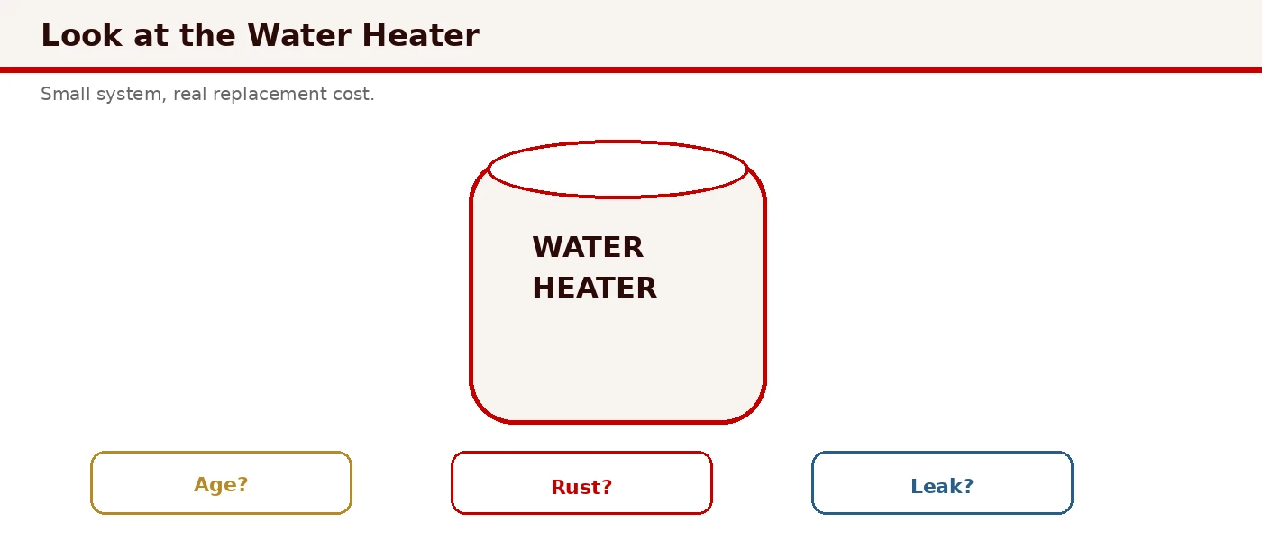 Water heater inspection checkpoints: age label, corrosion, expansion tank, and moisture around base