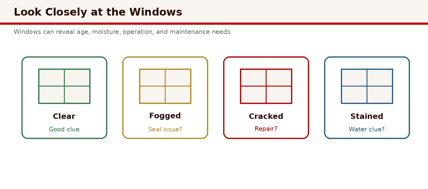 Window inspection guide comparing clear glass, broken hermetic seals with fogging, frame rot, and latching operation