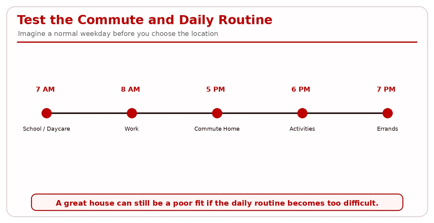 Commute diagram mapping drops, work, errands, activities, medical visits, family, and return trips