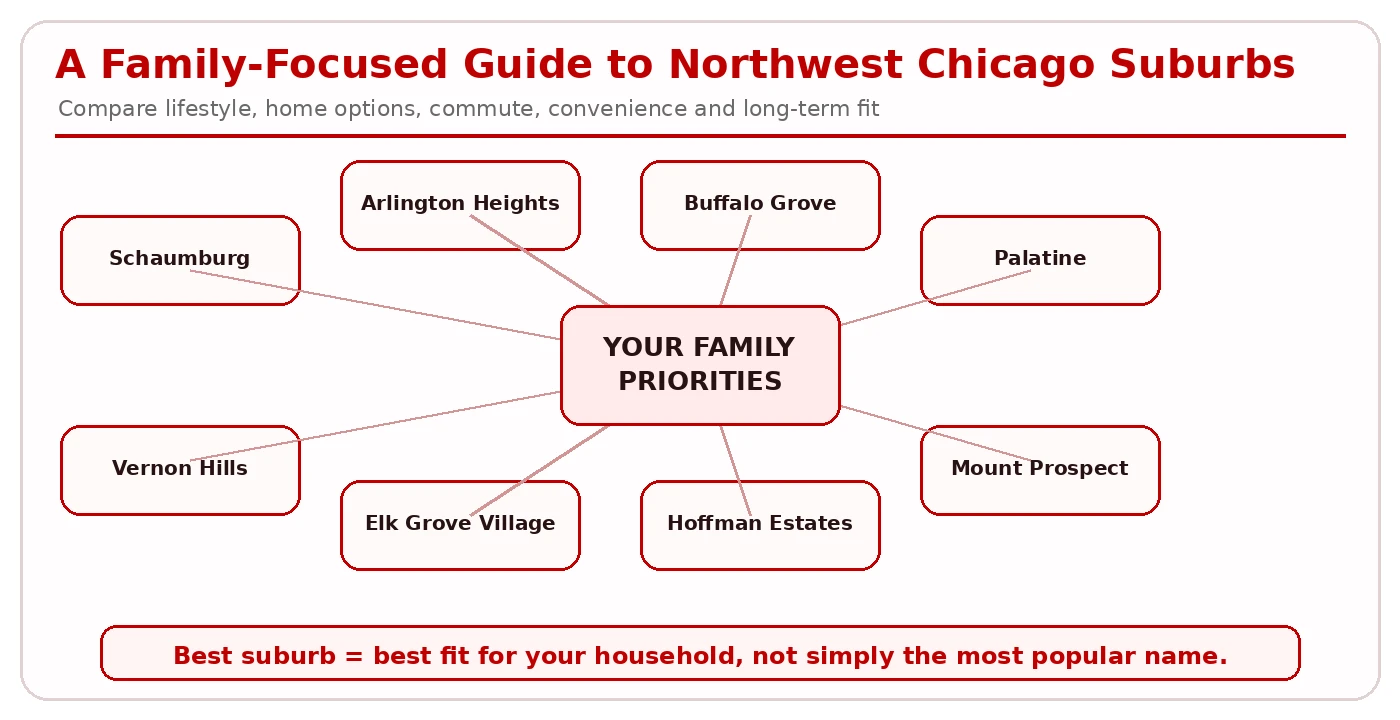 Overview diagram connecting household family priorities to eight northwest Chicago suburbs