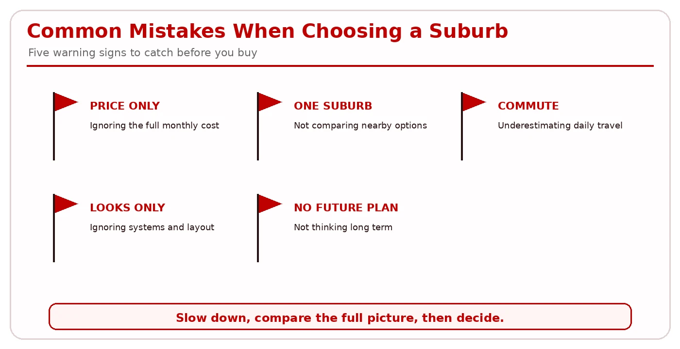 Visual summary of the five common mistakes families make when selecting a suburb