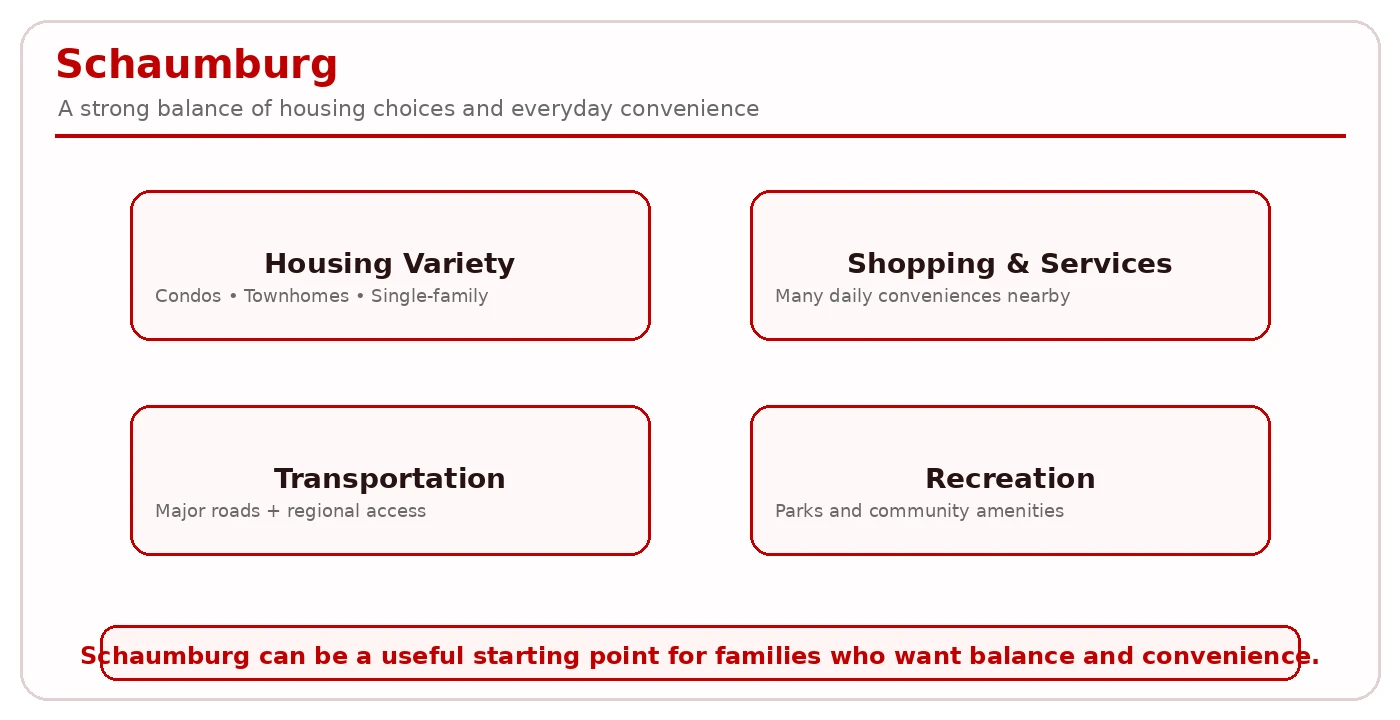 Schaumburg suburban framework: housing variety, shopping and services, transportation, and recreation