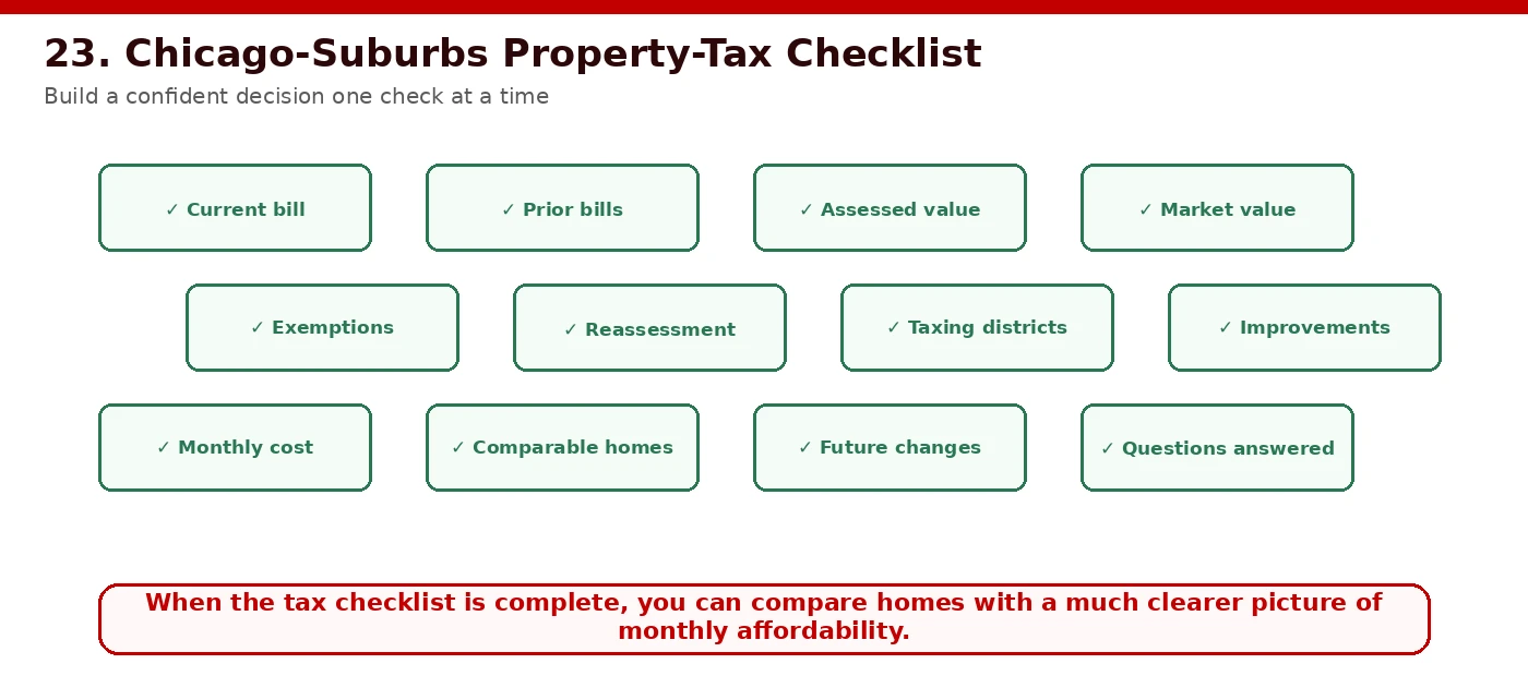 Infographic summary of the complete 10-point Chicago suburbs property tax checklist