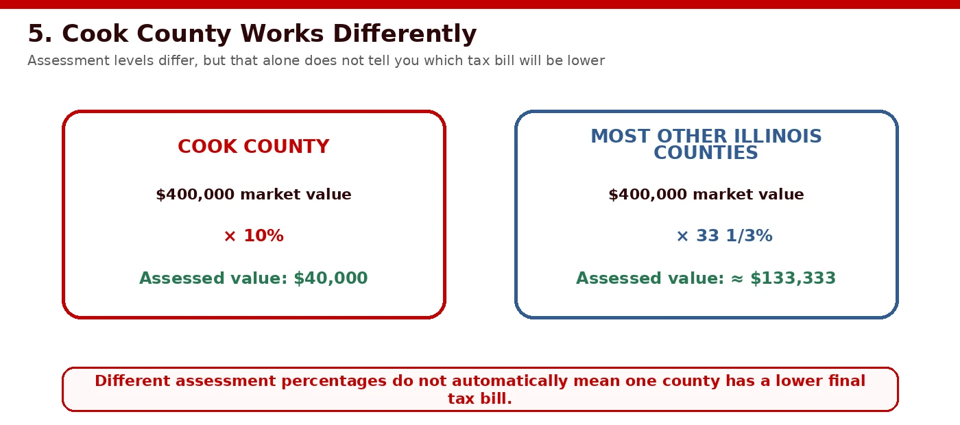 Comparison diagram illustrating Cook County 10 percent residential assessment versus 33.33 percent in collar counties