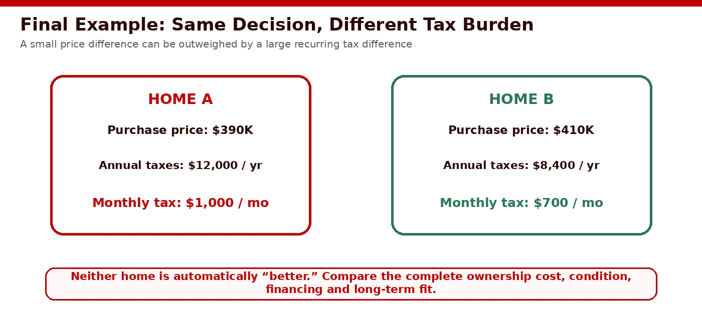 Comparison diagram of 390k home with 12k taxes versus 410k home with 8400 taxes