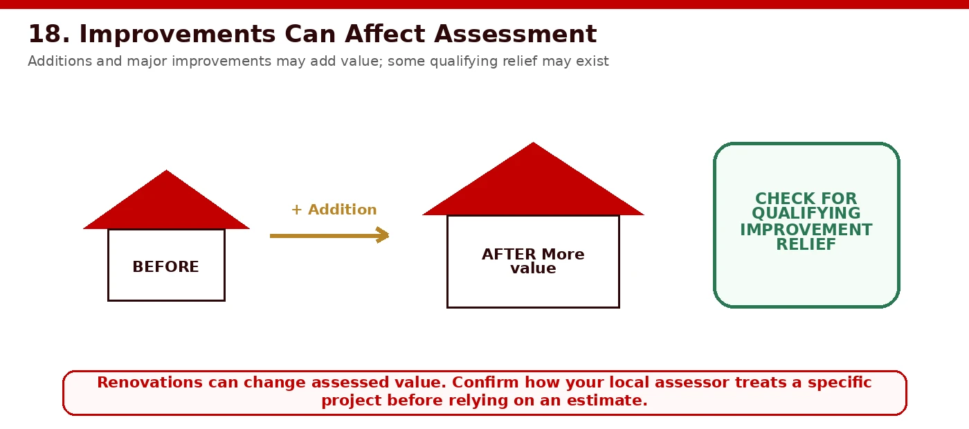 Graphic illustrating how additions, basements, and pools can alter assessed value, while repair relief programs may apply