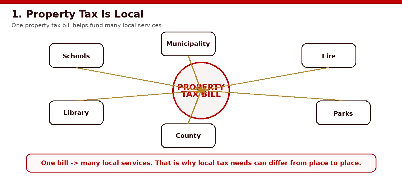 Diagram showing that one property-tax bill supports schools, parks, libraries, police, fire, township, and county services