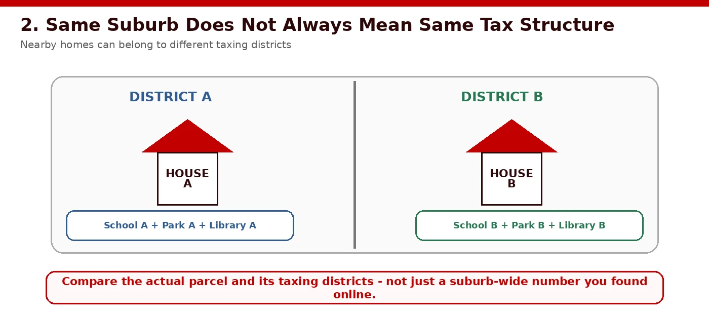 Infographic showing that properties in the same suburb can belong to different school, library, and park taxing districts