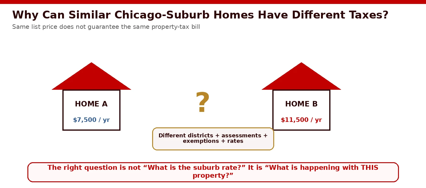 Diagram explaining why two similarly priced Chicago suburban homes can have completely different property tax bills