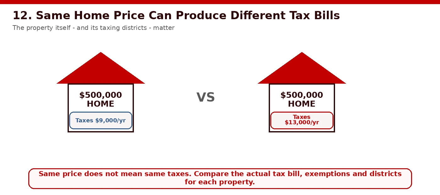 Side by side comparison of two 500k homes showing different school districts, commercial bases, and exemption history