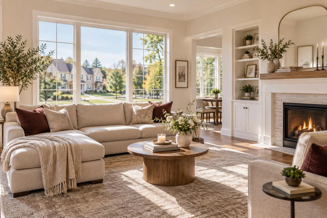 Representative suburban interior living room with warm natural light, fireplace, and spacious layout