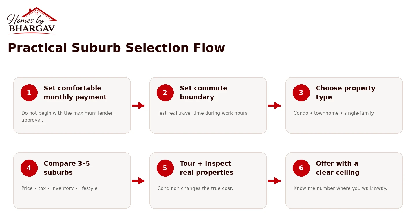 Practical Suburb Selection Flow diagram showing 6 structured steps: monthly payment, commute boundary, property type, comparing 3-5 suburbs, touring and inspecting, and offering with a clear ceiling