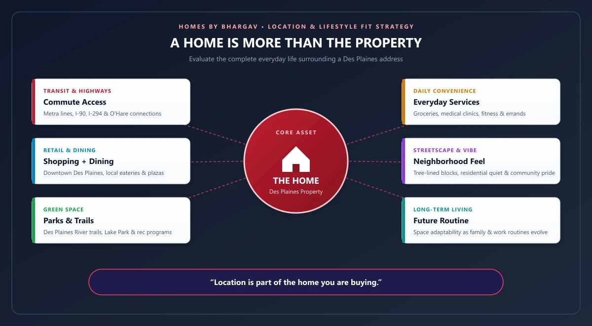 A Home Is More Than the Property diagram showing commute, shopping, dining, parks, everyday services, neighborhood feel, and future routine around a Des Plaines home