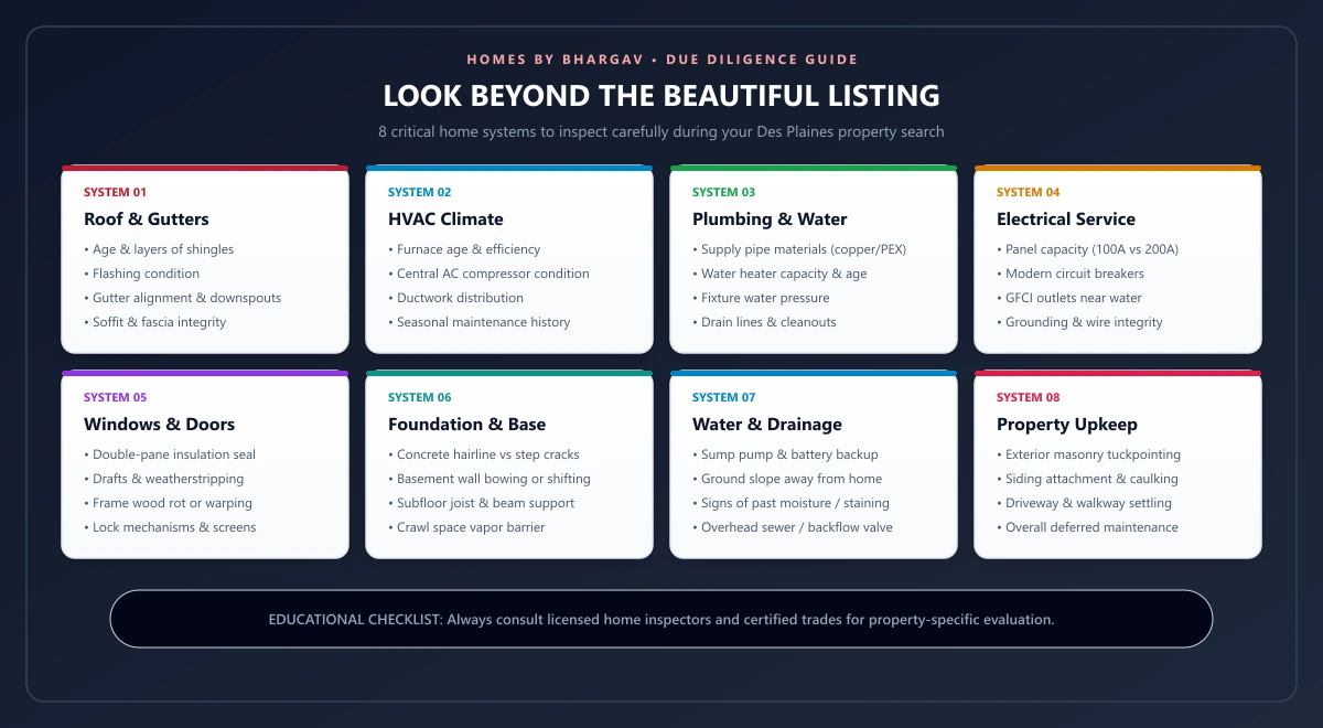 Look Beyond the Beautiful Listing 8 critical home systems checklist covering roof, HVAC, plumbing, electrical, windows, foundation, water drainage, and property upkeep
