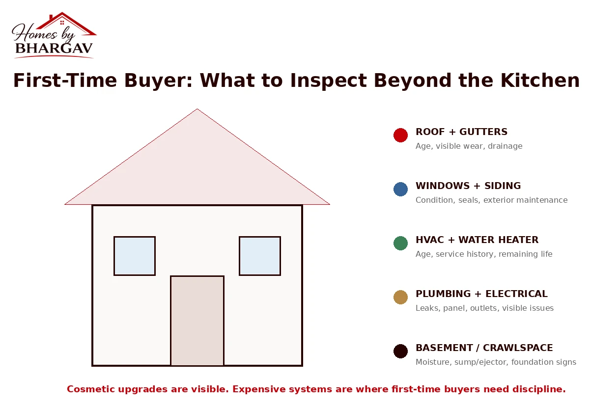 First-Time Buyer: What to Inspect Beyond the Kitchen diagram covering roof and gutters, windows and siding, HVAC and water heater, plumbing and electrical, and basement or crawlspace