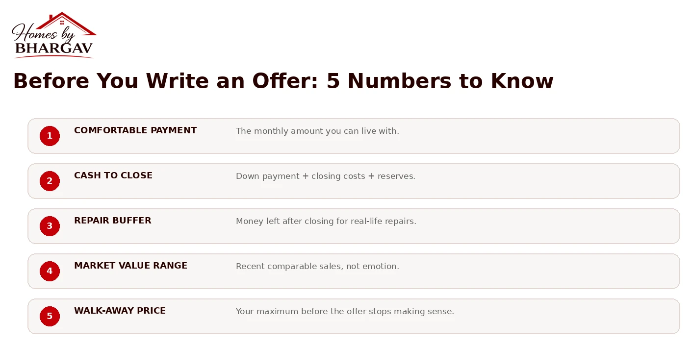 Before You Write an Offer: 5 Numbers to Know diagram showing comfortable payment, cash to close, repair buffer, market value range, and walk-away price