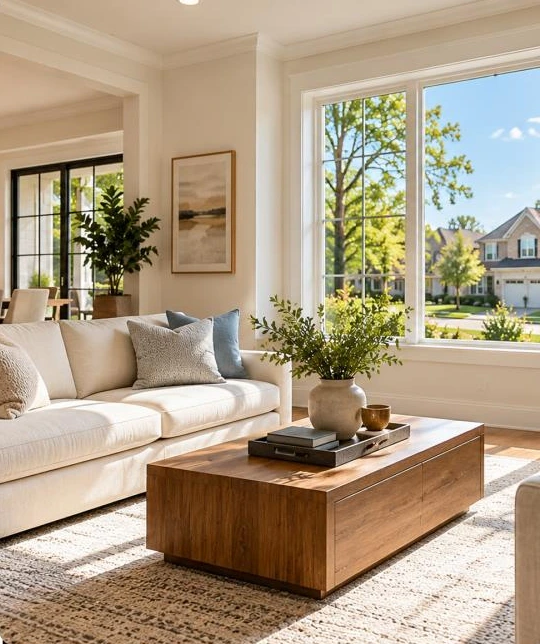 Representative interior living room with sunlight pouring through large grid windows, wood coffee table, sofa, and suburban street view