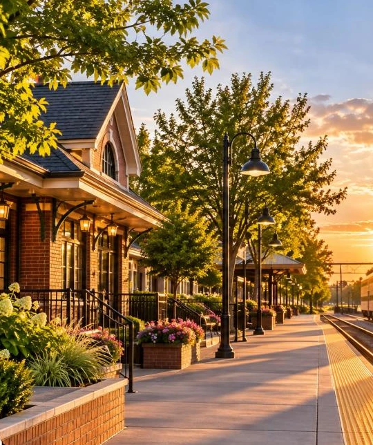 Historic Des Plaines Metra commuter station platform at golden hour with tracks, lamp posts, and brick architecture