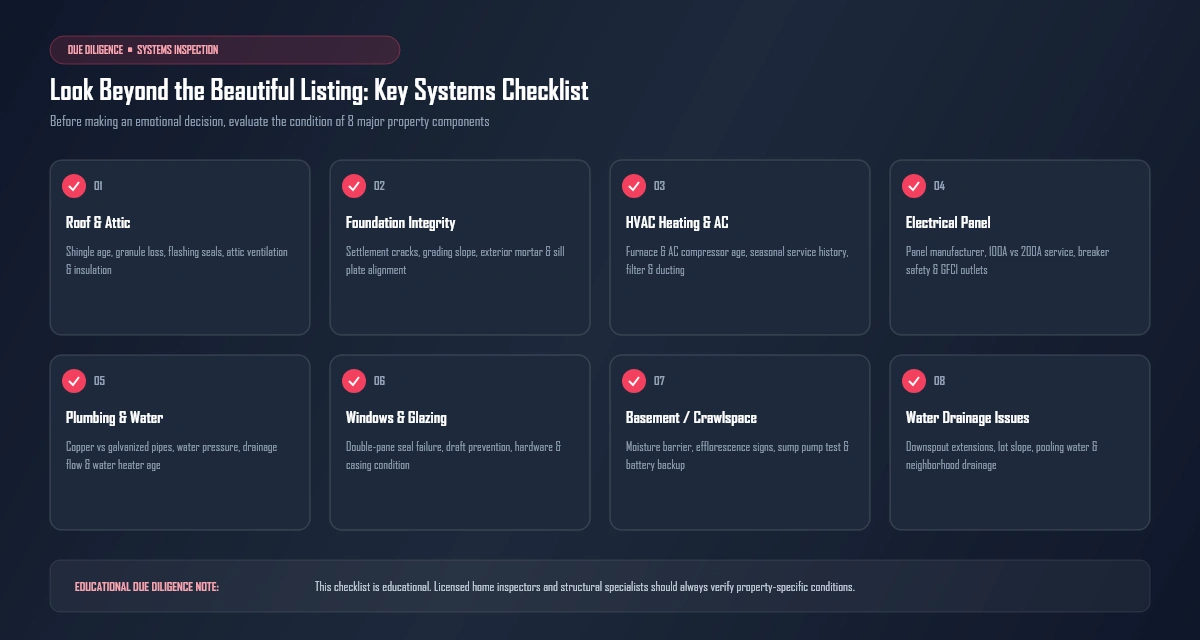 Look Beyond the Beautiful Listing home systems inspection checklist diagram covering roof, foundation, HVAC, electrical, plumbing, windows, basement, and water issues