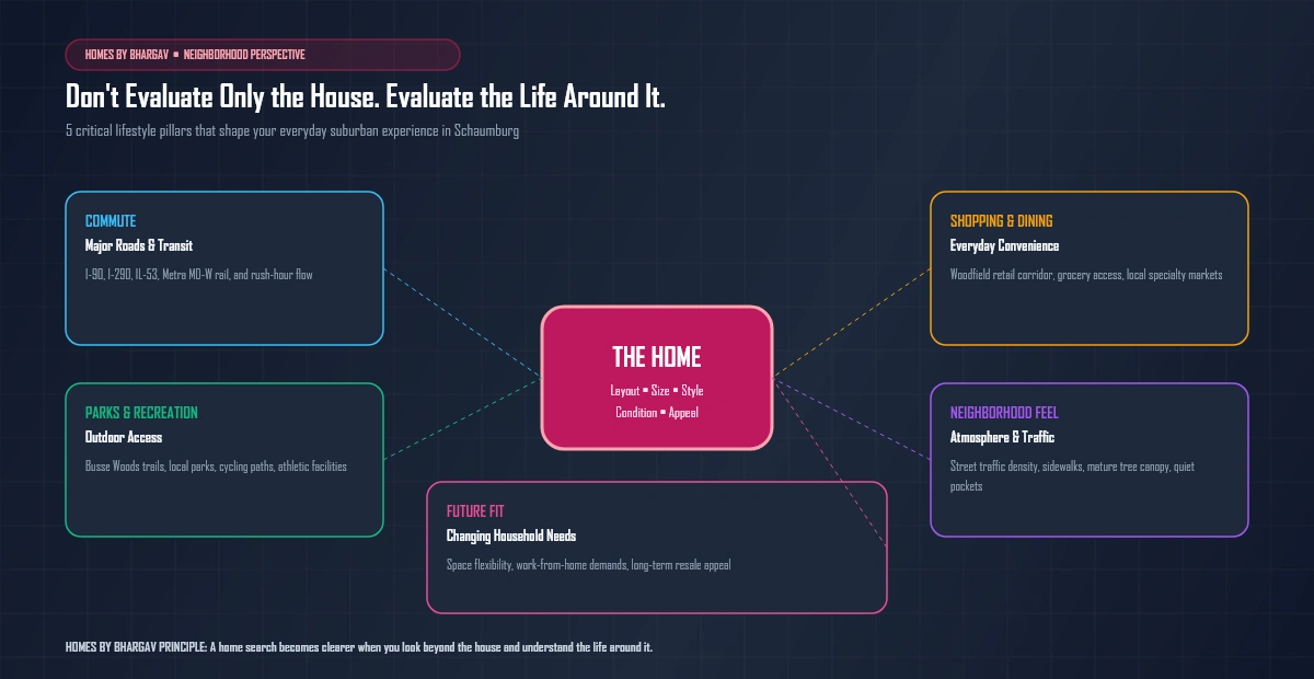 Don't Evaluate Only the House. Evaluate the Life Around It diagram showing commute, shopping, parks, neighborhood feel, and future fit
