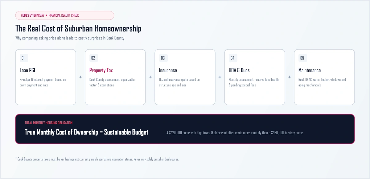 The Real Cost of Suburban Homeownership diagram illustrating loan P&I, property tax, insurance, HOA dues, and maintenance reserve